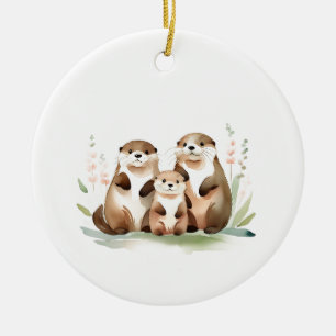 Three Adorable Otters and Your Own Photo Ceramic Ornament
