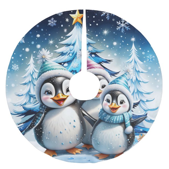 Three adorable penguins  brushed polyester tree skirt (Front)