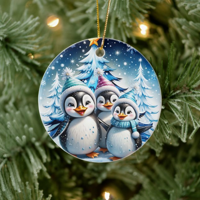 Three adorable penguins  ceramic ornament (Tree)