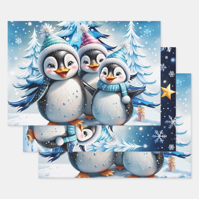 Three adorable penguins wrapping paper sheet (Set)
