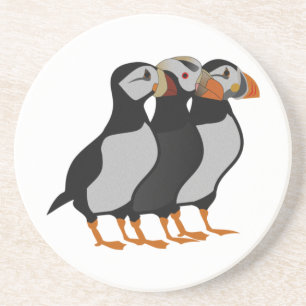 Three Adorable Puffin Standing Together Cartoon Coaster