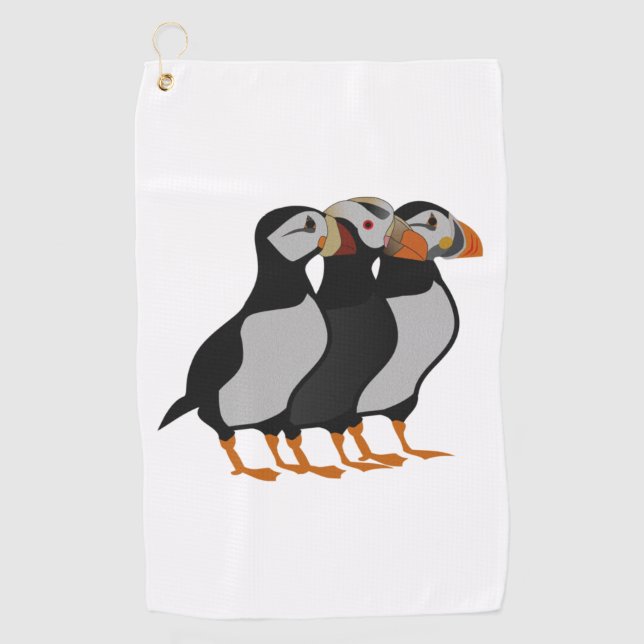 Three Adorable Puffin Standing Together Cartoon Golf Towel (Front)