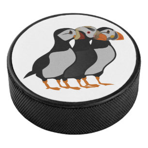 Three Adorable Puffin Standing Together Cartoon Hockey Puck