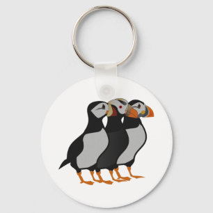 Three Adorable Puffin Standing Together Cartoon Key Ring