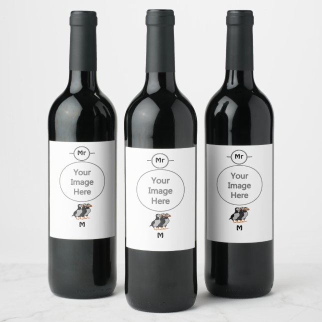 Three Adorable Puffin Standing Together Cartoon Wine Label (Bottles)
