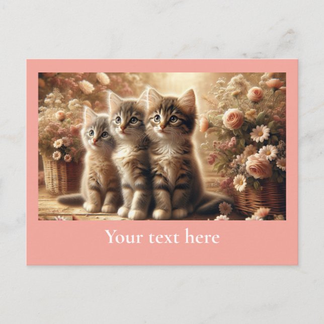 Three Adorable Tabby Kittens with Flowers Postcard (Front)