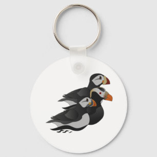 Three Adorably Friendly Puffins Swimming Cartoon Key Ring