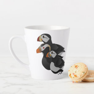 Three Adorably Friendly Puffins Swimming Cartoon Latte Mug