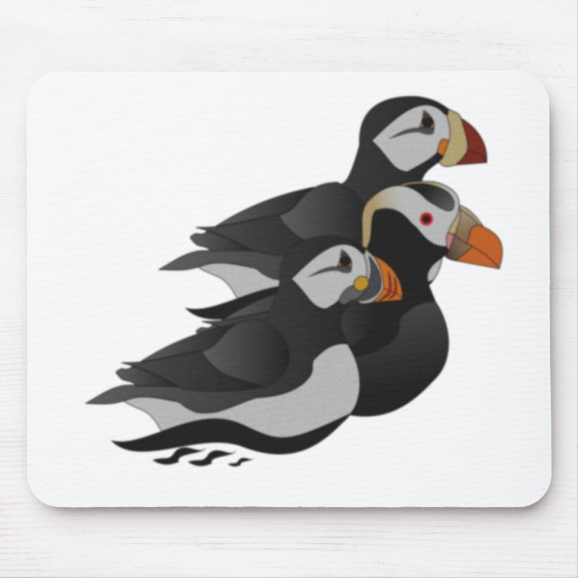 Three Adorably Friendly Puffins Swimming Cartoon Mouse Pad (Front)