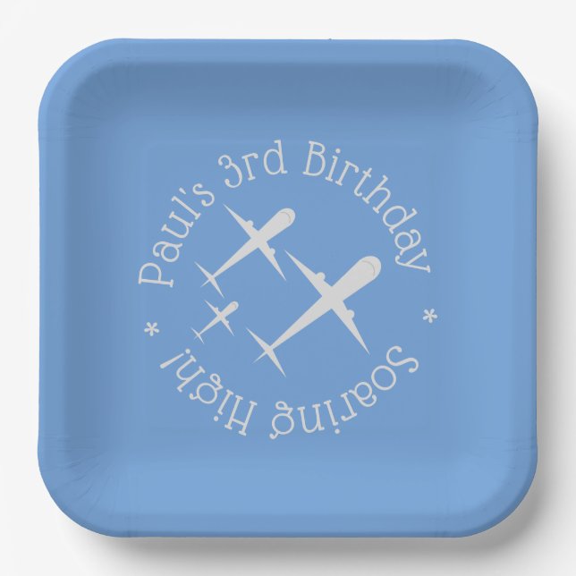 Three Aeroplanes on Blue Elegant Fun, Personalised Paper Plate (Front)
