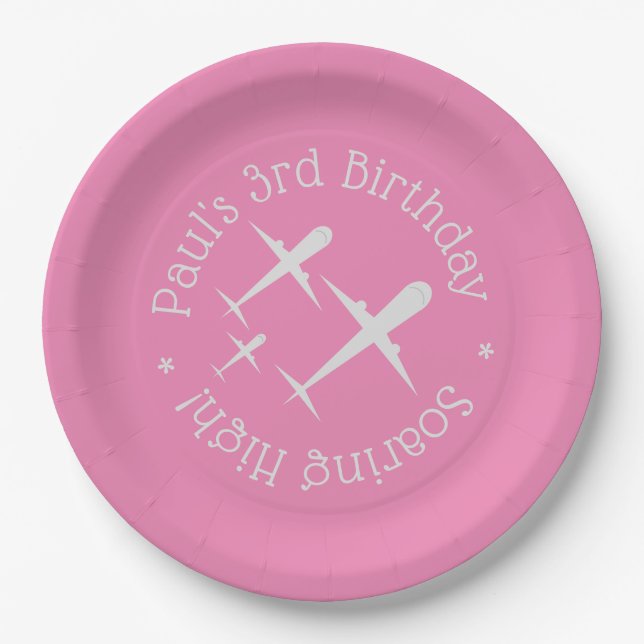 Three Aeroplanes on Pink Elegant Fun, Personalised Paper Plate (Front)