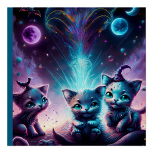 Three Alien Kittens In An Otherworldly Setting Poster