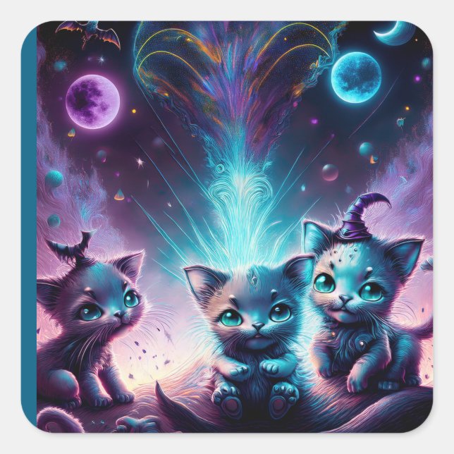 Three Alien Kittens In An Otherworldly Setting Square Sticker (Front)
