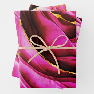 Three All Occasion Hot Pink Marble Gold Glitter Wrapping Paper Sheet