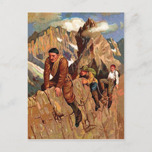 Three alpinists on mountain peak, funny vintage postcard