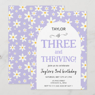 THREE and Thriving Purple Daisy 3rd Birthday Invitation