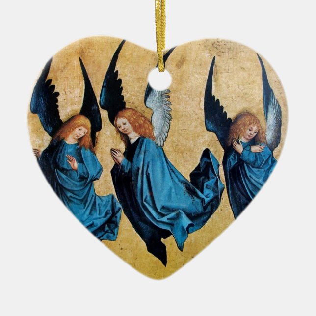 THREE ANGELS Blue Sapphire Heart Ceramic Ornament (Front)