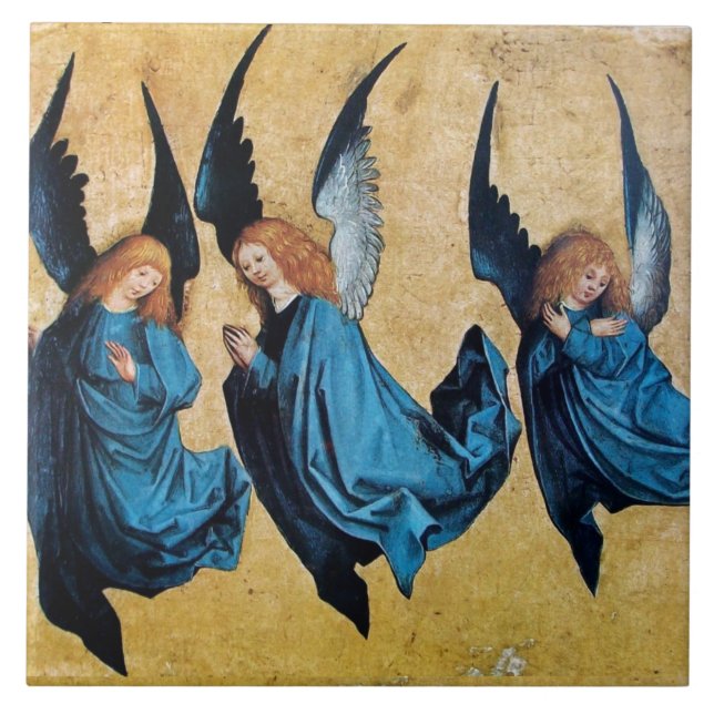 THREE ANGELS IN BLUE Christmas Ceramic Tile (Front)