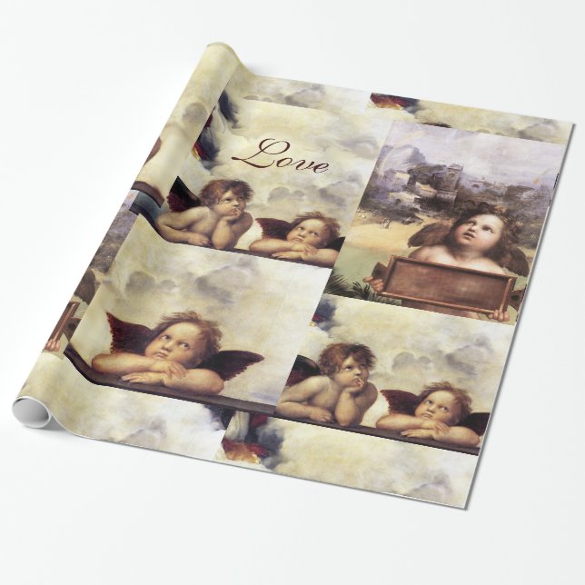 THREE ANGELS IN BLUE  CHRISTMAS JOY PEACE LOVE WRAPPING PAPER (Unrolled)