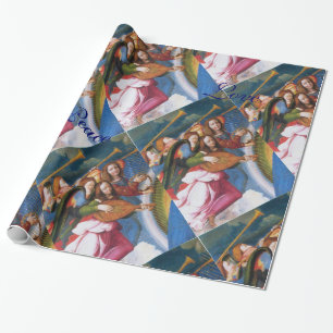 THREE ANGELS IN BLUE CHRISTMAS JOY PEACE LOVE WRAPPING PAPER