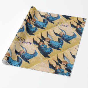 THREE ANGELS IN BLUE  CHRISTMAS JOY PEACE LOVE WRAPPING PAPER