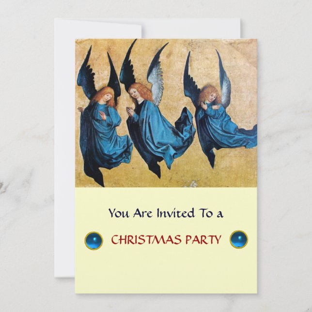 THREE ANGELS IN BLUE ,Sapphire,gold metallic Invitation (Front)