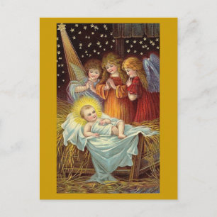 THREE ANGELS WITH BABY JESUS GOLD HOLIDAY POSTCARD
