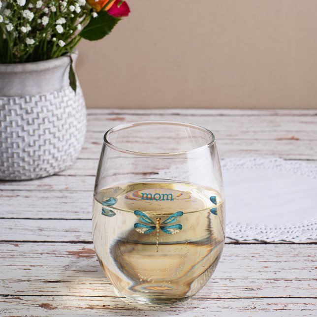 Three Aqua and Gold Whimsical Dragonfly  Stemless Wine Glass (Three aqua dragonflies on customizable gift stemless wine glasses for birthdays and mom's day. )