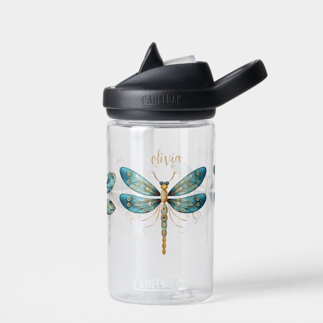 Three Aqua and Gold Whimsical Dragonfly  Water Bottle (Left)
