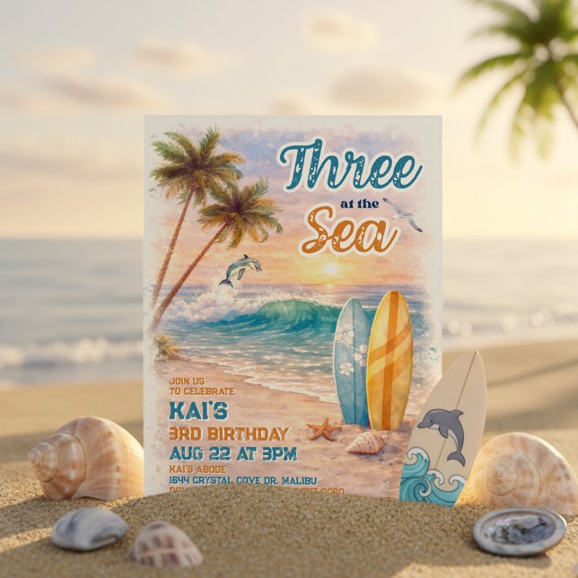 Three at the Sea Retro Surf Beach 3rd Birthday Invitation (Creator Uploaded)