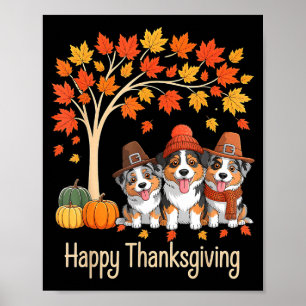 Three Australian Shepherd Dogs Fall Tree Happy Tha Poster
