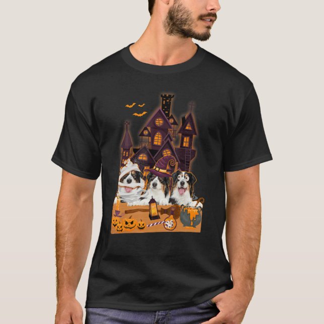Three Australian Shepherd Dogs Witch Scary Mummy H T-Shirt (Front)