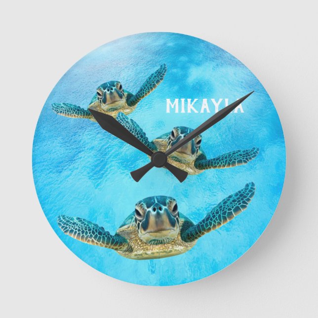 Three Baby Sea Turtles Swimming Round Clock (Front)