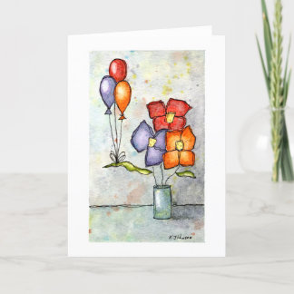 Three Balloon Flowers Watercolor Greeting Card