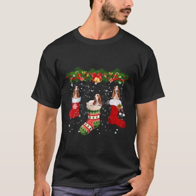 Three Basset Hound Dog In Sock Christmas Santa Hat T-Shirt (Front)