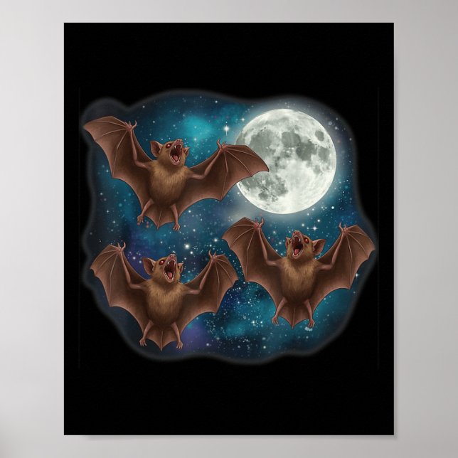 Three Bat Under Full Moon Funny Cosmic Meme Hallow Poster (Front)