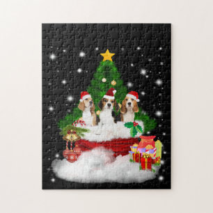 Three Beagles Santa Claus With Christmas Tree Jigsaw Puzzle