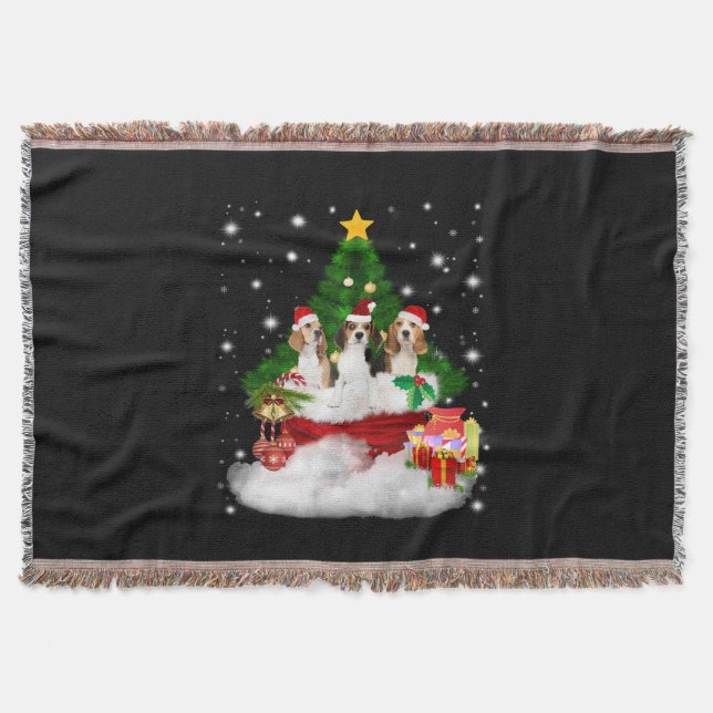 Three Beagles Santa Claus With Christmas Tree Throw Blanket (Front)
