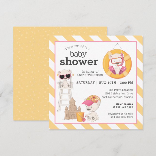 Three Bears at the Beach Baby Shower for Girl Invitation (Front/Back)