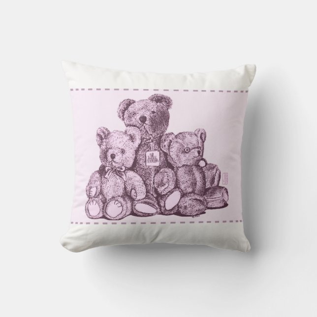 Three Bears Pink Throw Pillow (Front)