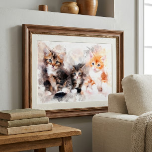 Three beautiful and cute kittens watercolor photo print
