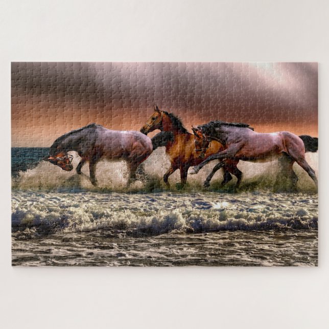 Three Beautiful Brown Horses in Ocean Painting Jigsaw Puzzle (Horizontal)