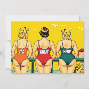 Three Beautiful Women in Bikini on a Beach, Funny Save The Date