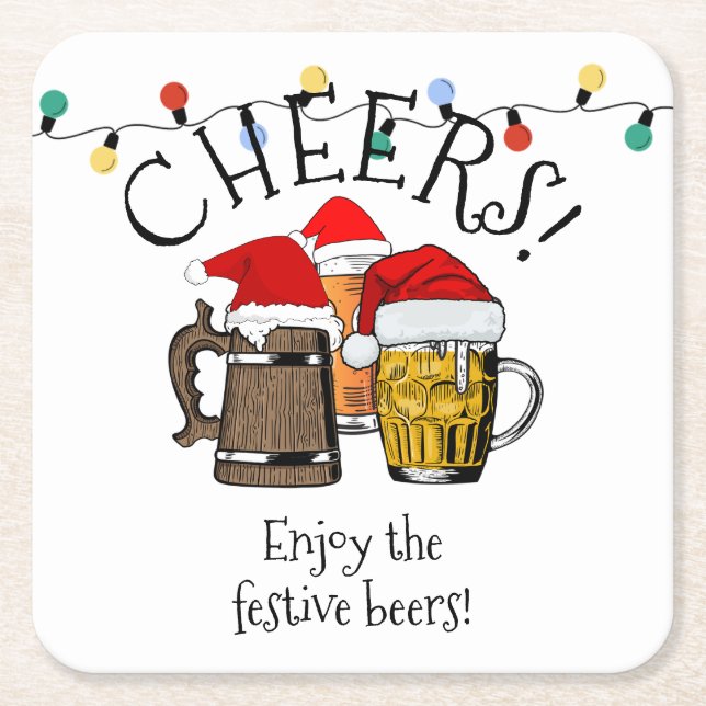 THREE BEERS CHEERS Christmas Square Paper Coaster (Front)