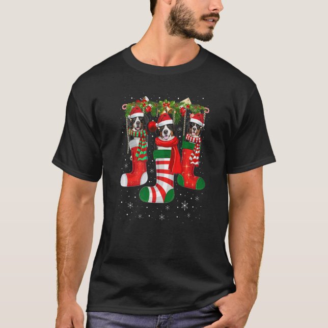 Three Bernese Mountain Dog In Christmas Sock T-Shirt (Front)