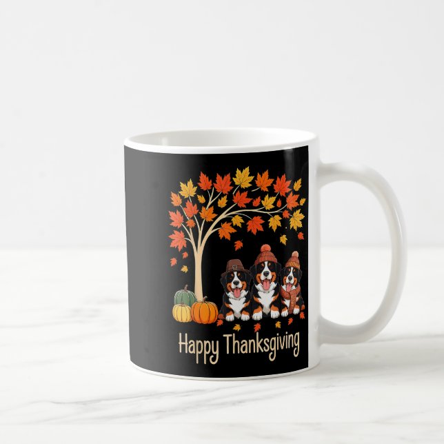 Three Bernese Mountain Dogs Fall Tree Happy Thanks Coffee Mug (Right)