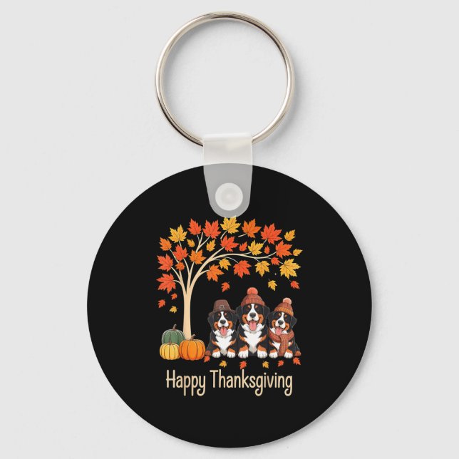Three Bernese Mountain Dogs Fall Tree Happy Thanks Key Ring (Front)