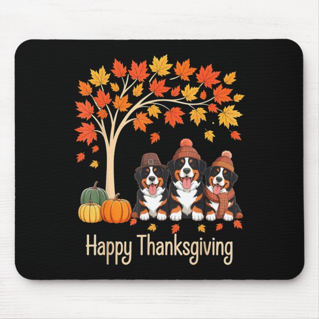 Three Bernese Mountain Dogs Fall Tree Happy Thanks Mouse Pad (Front)