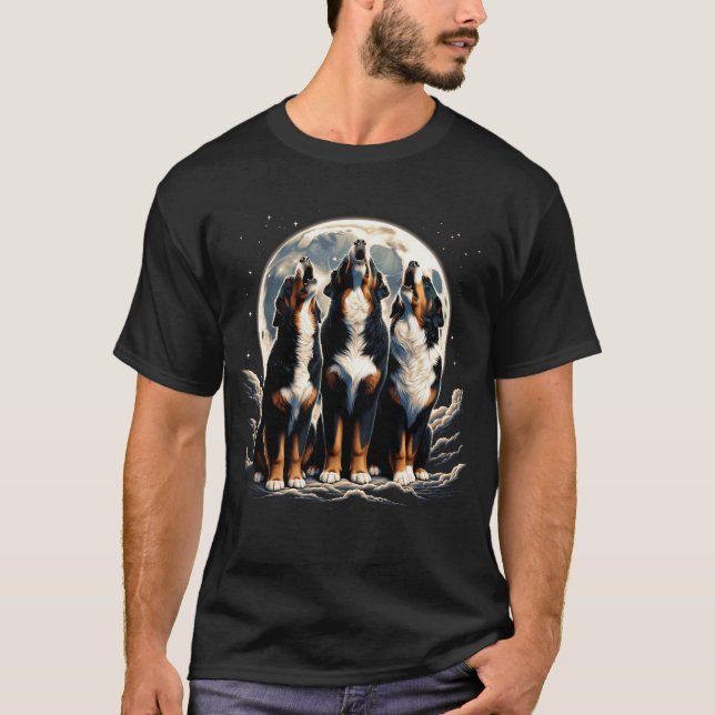 Three Bernese Mountain Dogs Howling at Moon Like T-Shirt (Front)