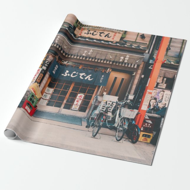 THREE BICYCLES PARKED IN FRONT OF BUILDING WRAPPING PAPER (Unrolled)